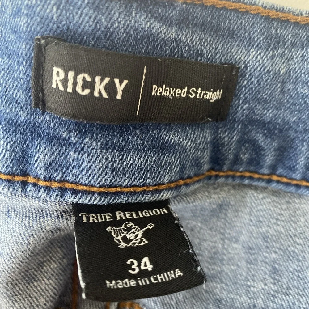 True Religion Ricky Relaxed Straight Denim Shorts Blue Wash Raw Hem Mens Size 34